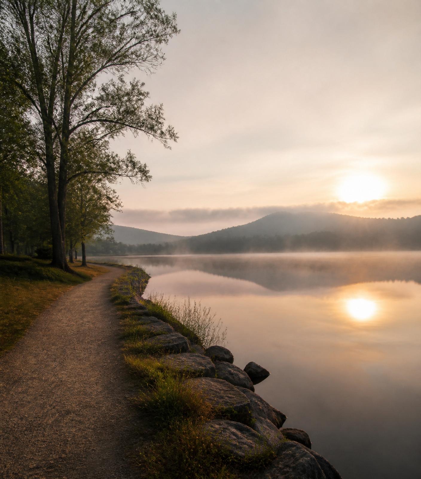 A quiet gravel path curving along a mist-covered lake at sunrise, with golden light reflecting on still water — a calm reminder that growth begins with the step in front of you.
