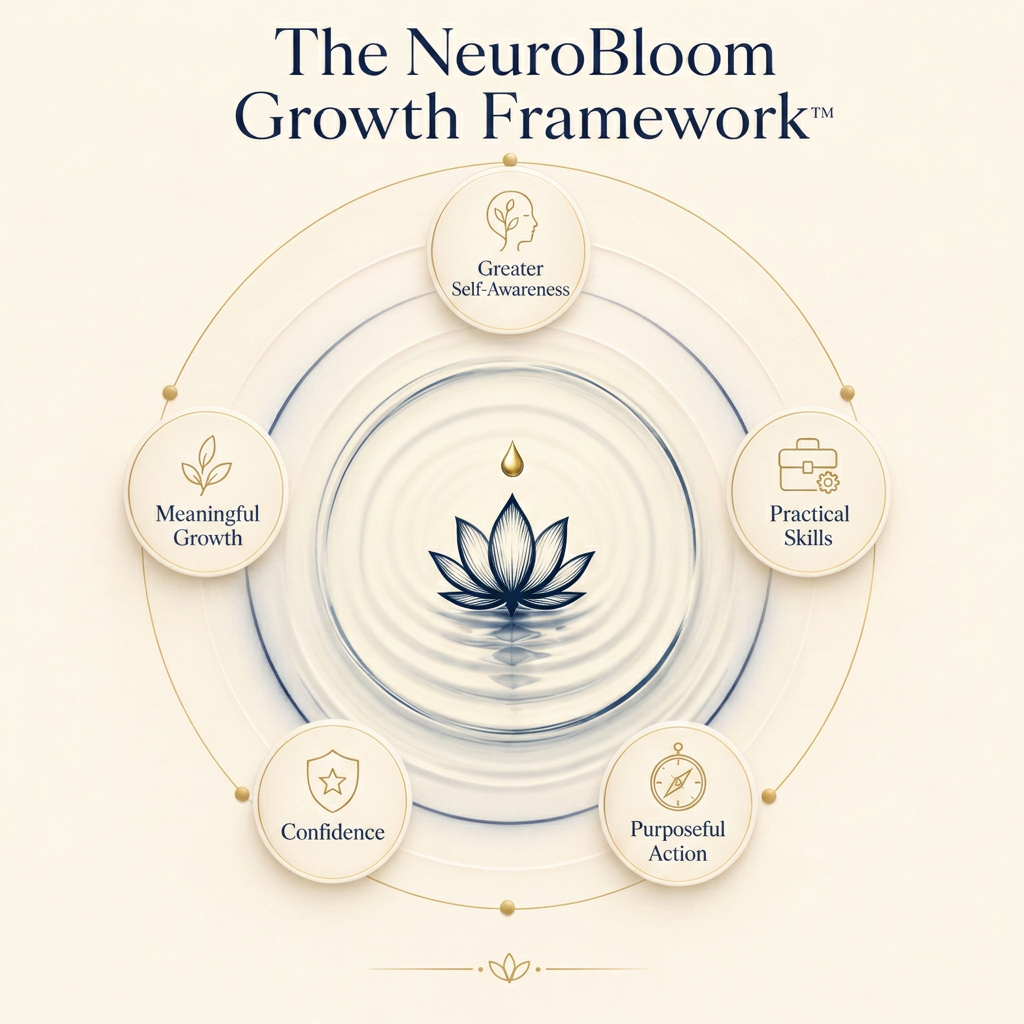 The NeuroBloom Growth Framework — a single gold droplet meeting still water above a lotus, with ripples expanding through the five stages: Greater Self-Awareness, Practical Skills, Purposeful Action, Confidence, and Meaningful Growth