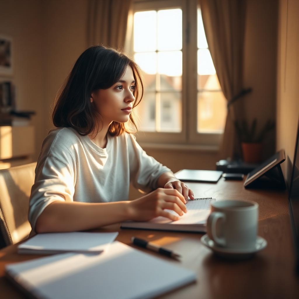 A young adult at a sunlit desk with a planner, notebook, and coffee