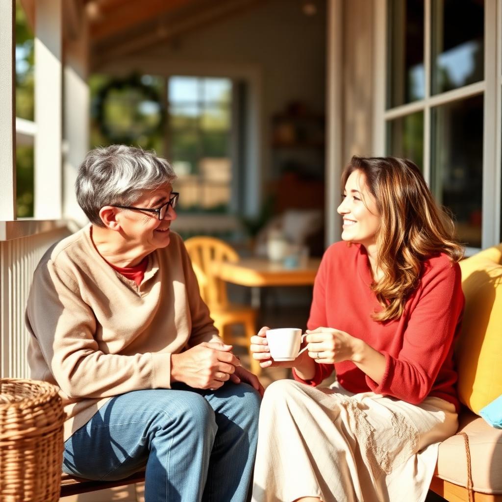 A parent and adult child sharing a warm conversation on a sunlit porch
