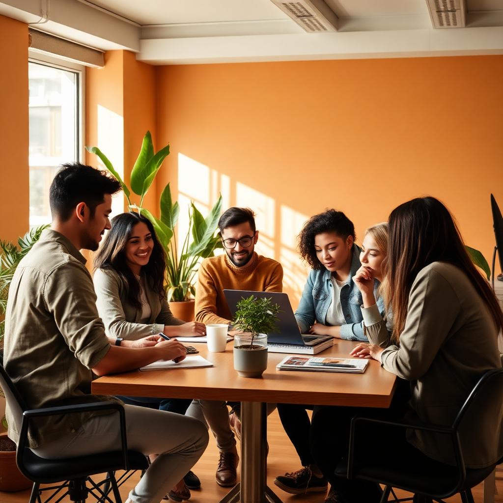 A small diverse team collaborating around a table in a bright office